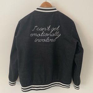 MINKPINK embroidered bomber/letterman “I can’t get emotionally involved”